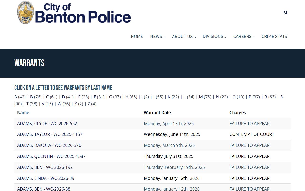 Benton Police warrant search portal