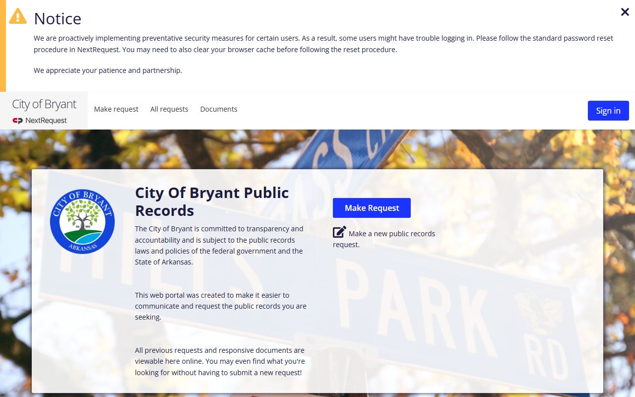 Bryant Arkansas NextRequest FOIA portal
