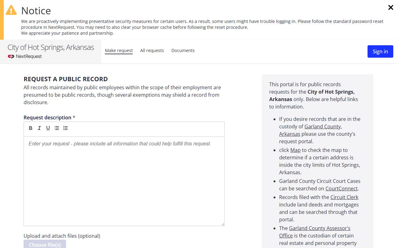 Hot Springs NextRequest FOIA portal