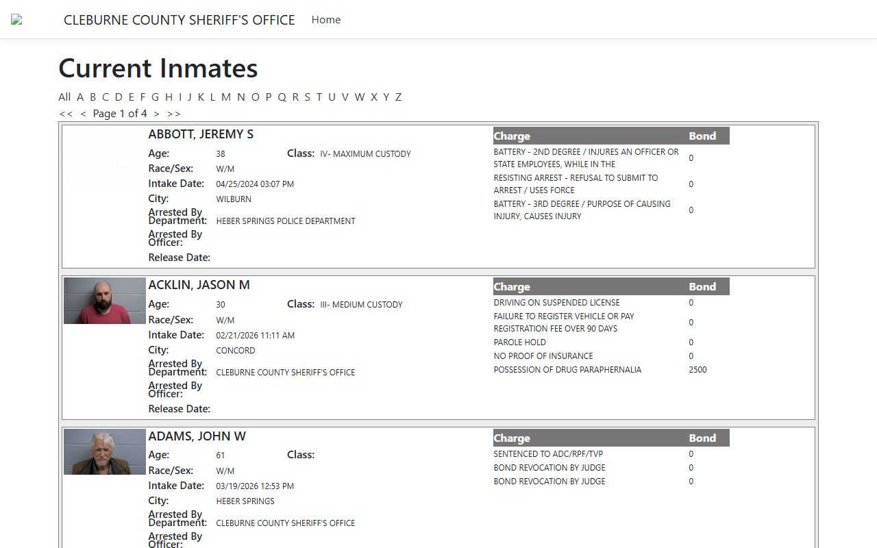 Cleburne County jail inmate portal showing DUI arrests and charge information
