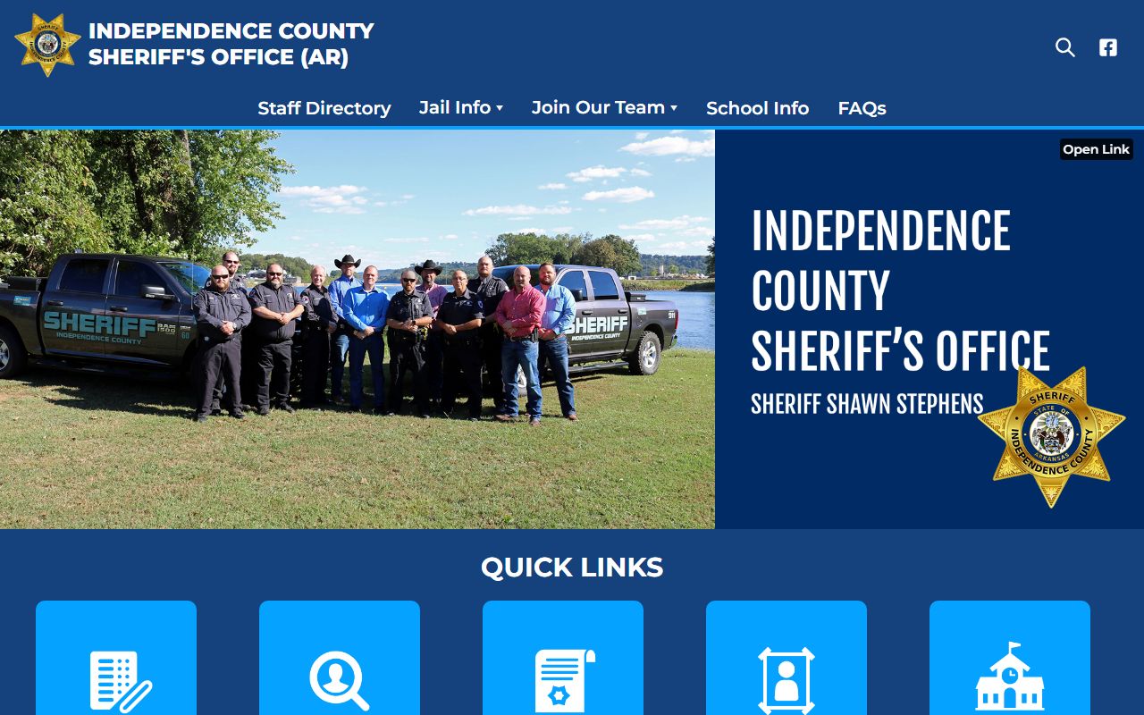 Independence County Sheriff's Office website showing department contact information