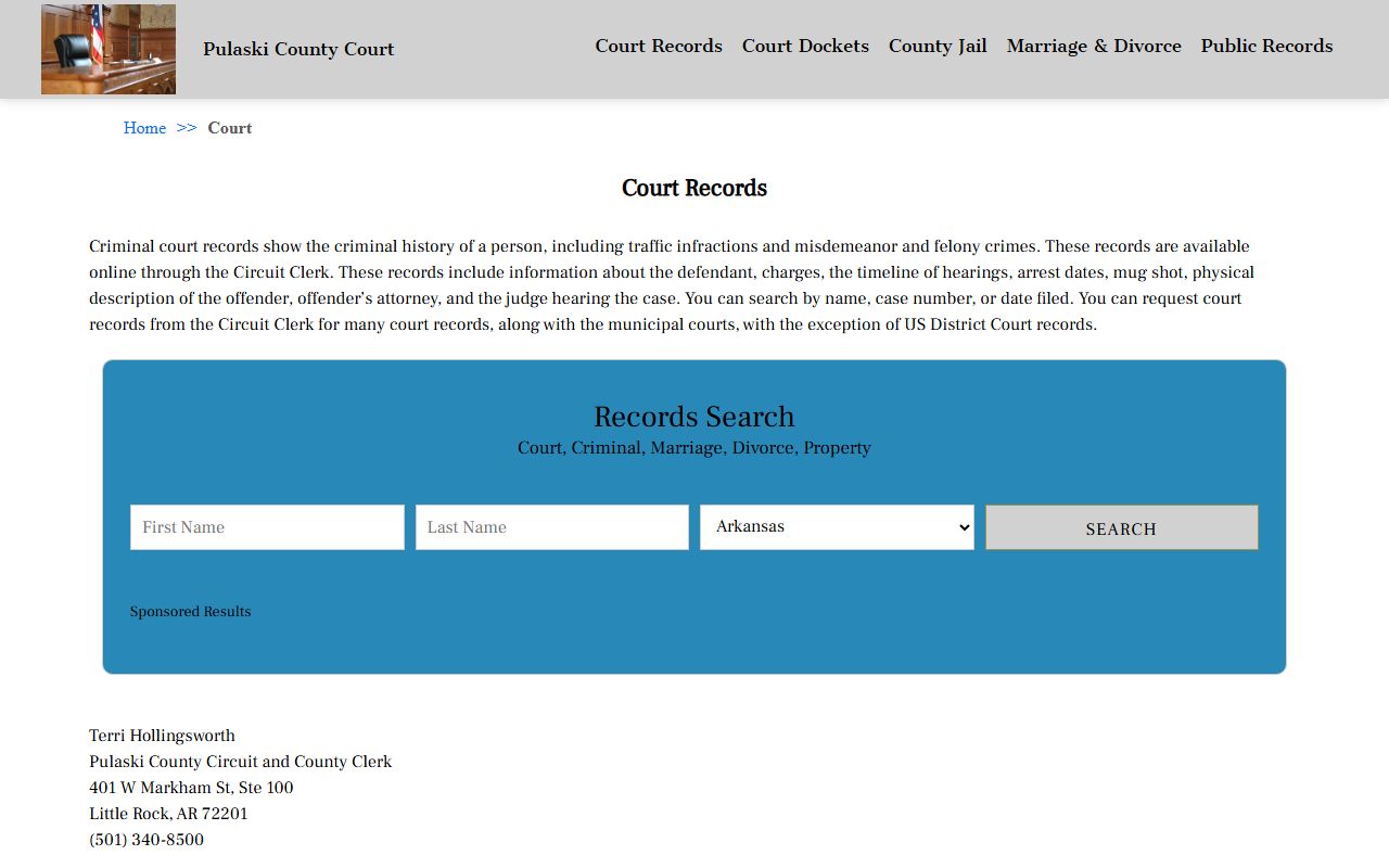 Pulaski County court records page for DUI and DWI case information in Little Rock