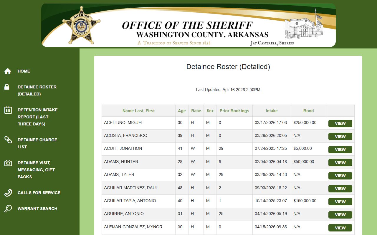 Washington County Detainee Alpha Roster for DUI arrest search
