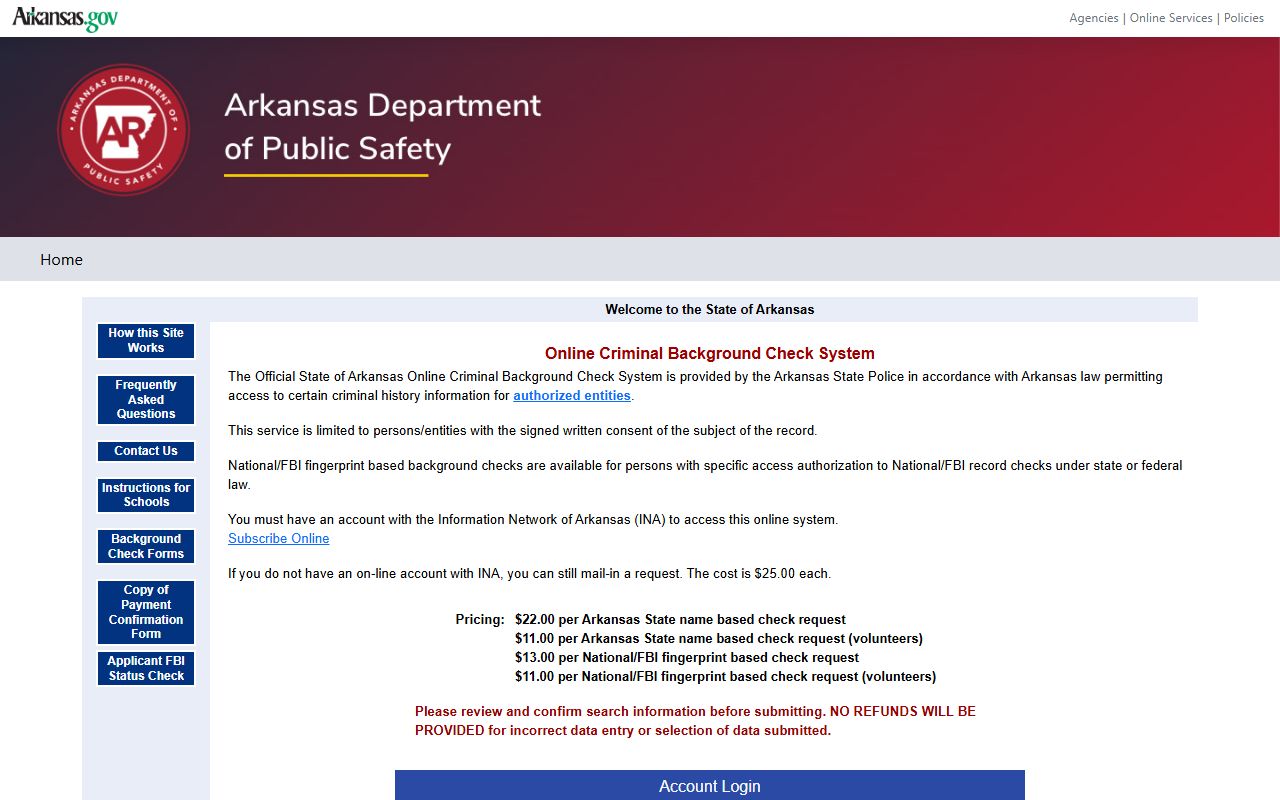 Arkansas State Police criminal background check portal